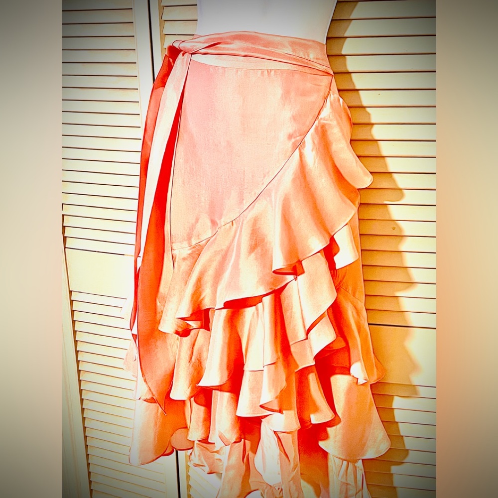 Ralph Lauren 3 tier ruffled silk skirt side zip asymmetrical hem self tie @waist - Picture 2 of 5